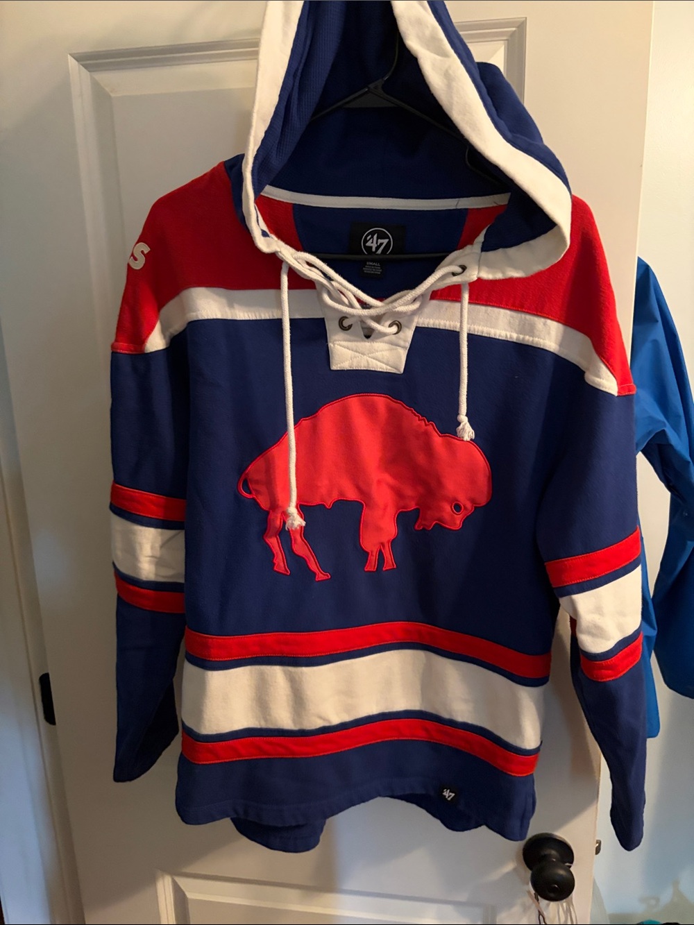 47 Men’s Royal Blue and Red Buffalo Lace-Up Hoodie Sweater